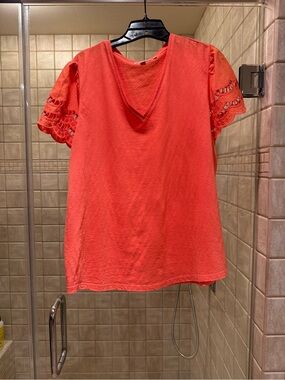 Chico's Coral V-Neck Short Sleeve Top with Eyelet Sleeves, Size 3 (XL)